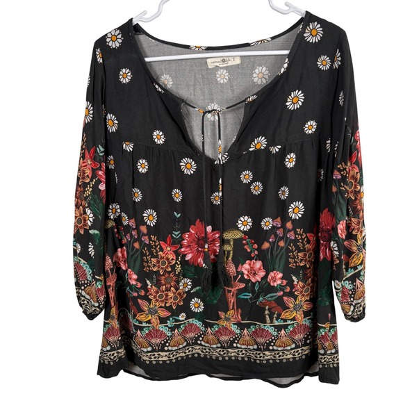 NATURAL LIFE Tops - Natural Life Maribel Blouse Women's S Black Mushroom Boho Peasant Top Cottage